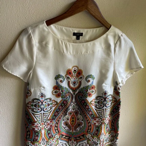 Talbot's Silk Paisley Patterned Blouse. Cap Sleeves, Side Zip. Cream, Green. 2P - Picture 5 of 11